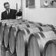 Tuxedos men stand over barrels of wine